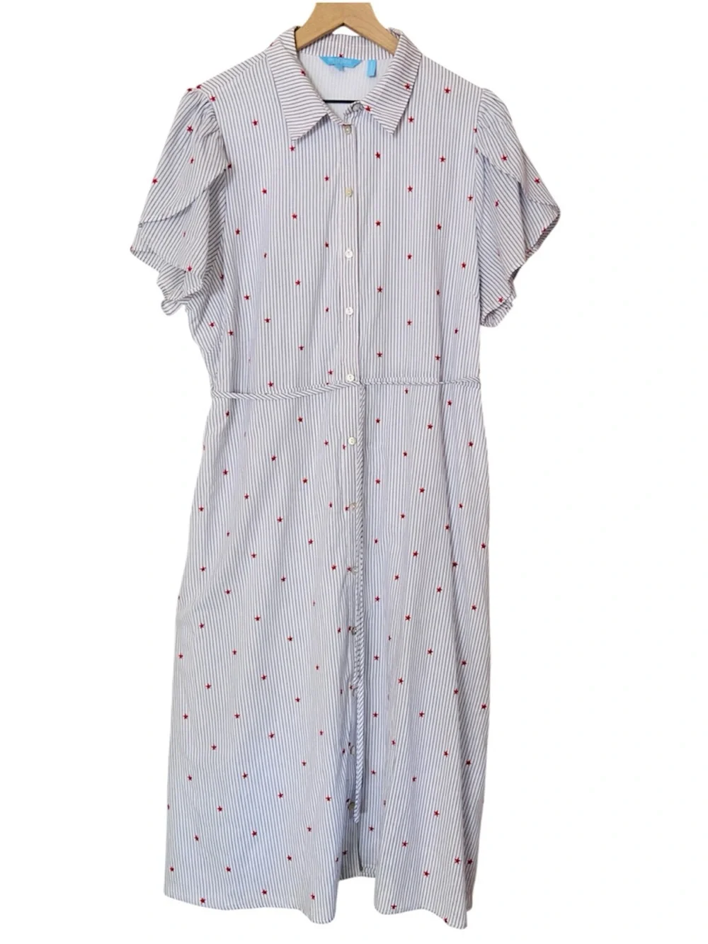 Draper James RSVP XL Blue Stripe Red Star Midi Shirt Dress Lined